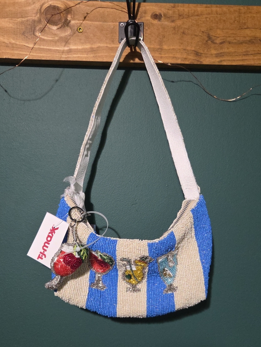 NWT TJ Maxx Made In India Cocktail Glass Blue Stripe Beaded Shoulder Bag